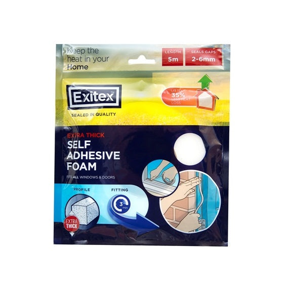 Exitex Extra Thick Self Adhesive Draught Excluder Weather Foam Tape White 5Mtr 31500749 | Fits All Windows and Doors | Seals Gaps 2mm-6mm
