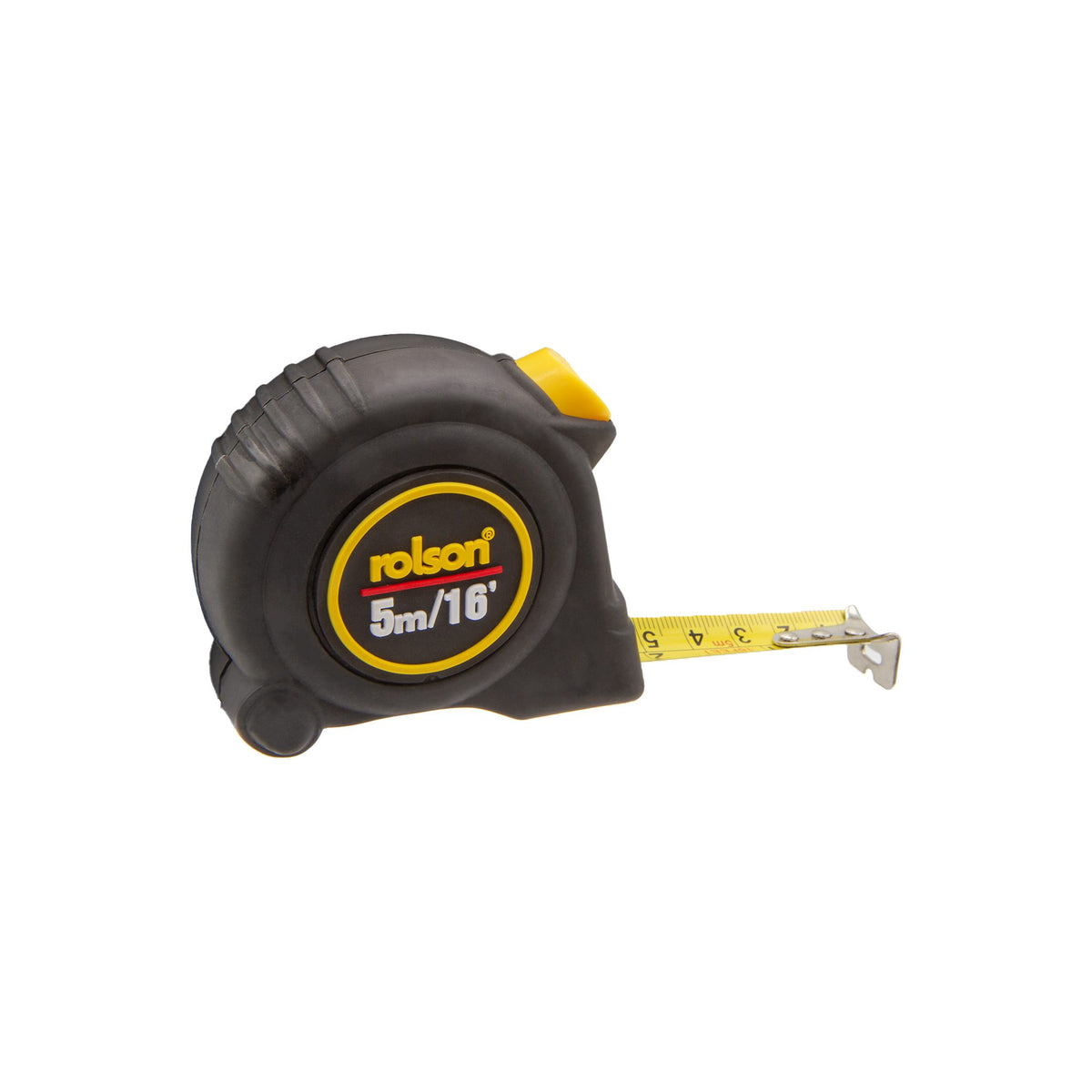 Rolson Auto Lock Tape Measure Black and Yellow 4cm x 9cm x 7.5cm 5Mtr 50565 | Rubber Casing | Nylon-Coated Blade | Belt Clip | Push Button Retrieval | Blade Width - 19mm