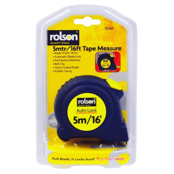 Rolson Auto Lock Tape Measure Black and Yellow 4cm x 9cm x 7.5cm 5Mtr 50565 | Rubber Casing | Nylon-Coated Blade | Belt Clip | Push Button Retrieval | Blade Width - 19mm