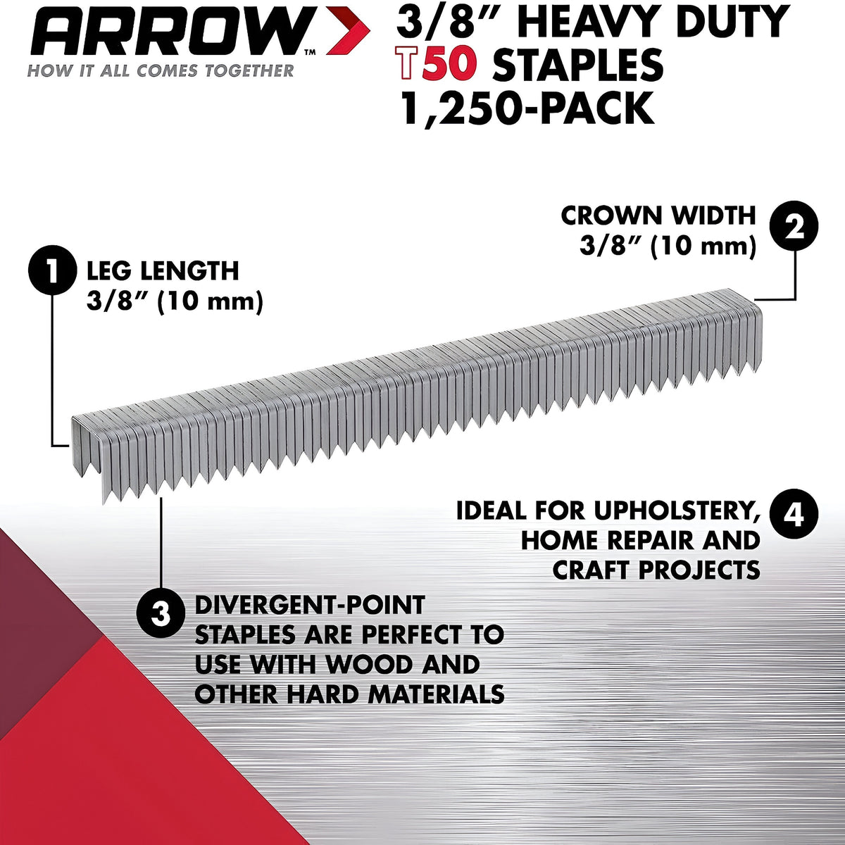 Arrow T50 Staples Silver 10mm Pack of 1250 50624 | Heavy Duty | Universal Fit
