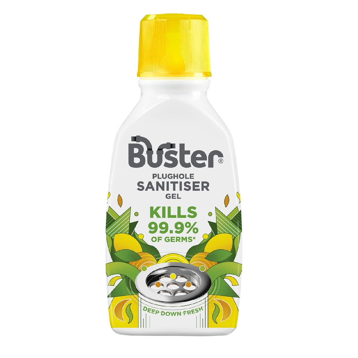 Buster Plughole Citrus Sanitiser Gel 300ml 17290 | Kills 99.9 Percent of Germs | Deep Down Fresh | Cleans your Drains and Plugholes to Give Long Lasting Freshness | Up to 6 Doses per Bottle | Coats Pipes to Tackle Stains and Nasty Smells