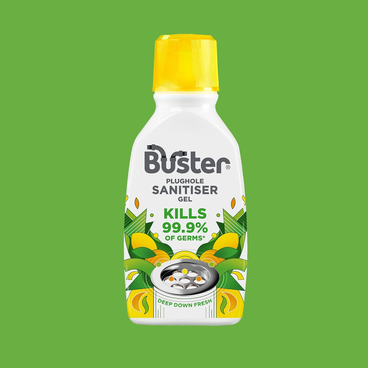 Buster Plughole Citrus Sanitiser Gel 300ml 17290 | Kills 99.9 Percent of Germs | Deep Down Fresh | Cleans your Drains and Plugholes to Give Long Lasting Freshness | Up to 6 Doses per Bottle | Coats Pipes to Tackle Stains and Nasty Smells