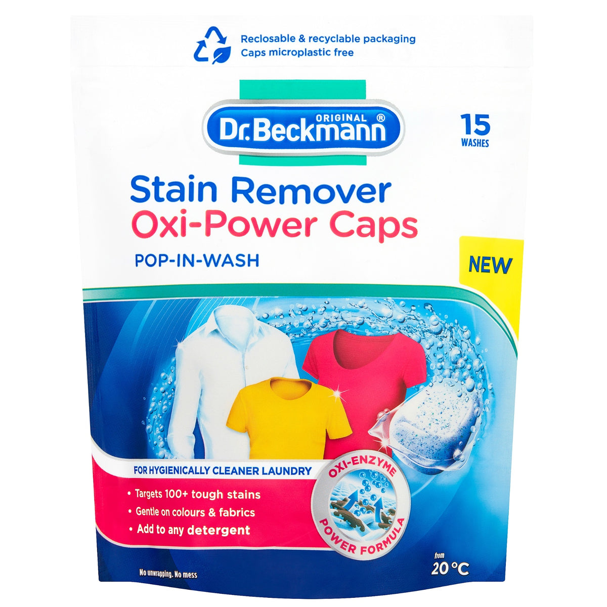 Dr. Beckmann Stain Remover Oxi-Power Caps White 15 Washes 300g 7140 | Pop-in-Wash Laundry Booster | Gentle on Colours and Fabrics | Oxi-Enzyme Formula | Targets 100 Plus Tough Stains