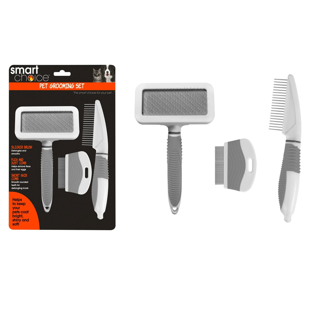 Smart Choice Pet Grooming Set Assorted Colours Pack of 3 SC1043 | Kit with Slicker Brush-Flea Comb and Short Hair Comb | Ideal for Cats and Dogs | Helps to Keep Your Pets Coat Bright, Shiny and Soft