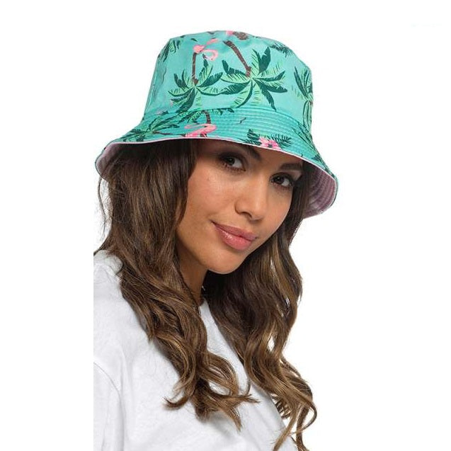 Foxbury Ladies Reversible Bucket Hat Multicoloured GL1101 | Tropical Flamingo and Palm Print | Lightweight Summer Sun Hat for Women