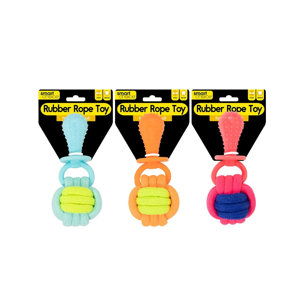 RSW Smart Choice Rubber and Knot Ball Rope Dog Toy Assorted Colours SC1794 | Great for Games of Tug and Pull | Knotted Rope to Help Maintain Dental Hygiene | Lightweight and Robust Rubber