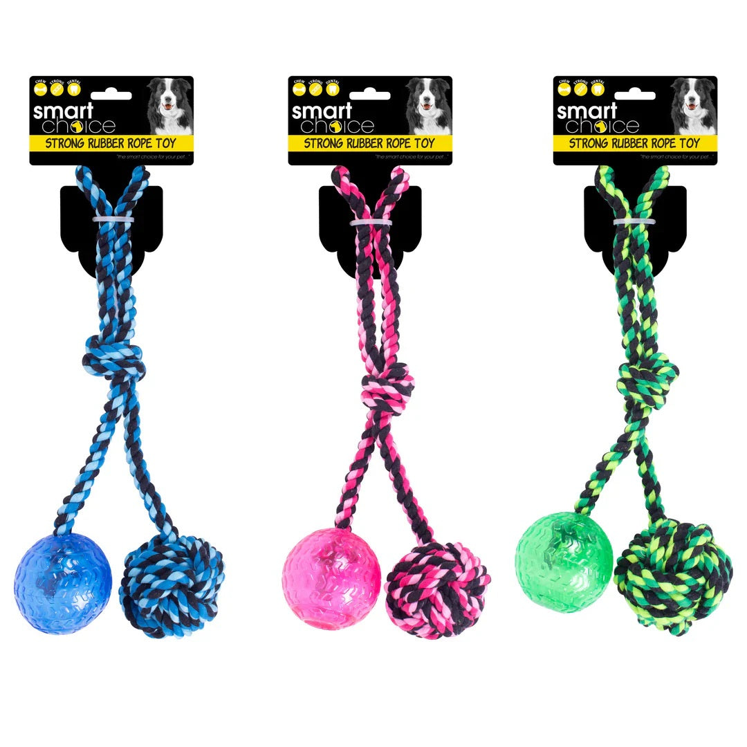 RSW Smart Choice Rubber Ball and Rope Tug Dog Toy Assorted Colours SC972 | Great for Games of Tug and Pull | Knotted Rope to Help Maintain Dental Hygiene | Lightweight and Robust Rubber