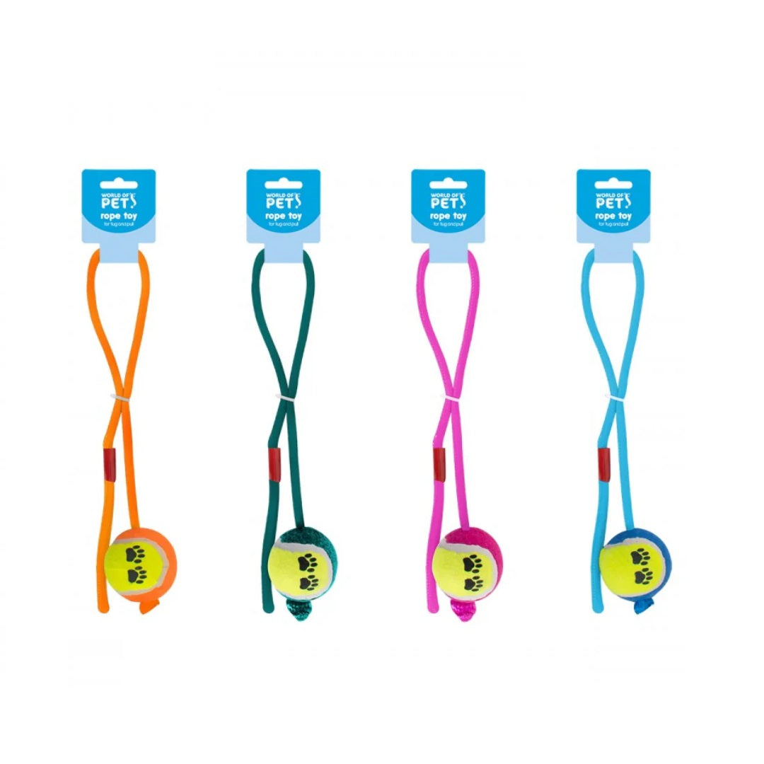 World of Pets Rope Toy with Tennis Ball Assorted Colours Pack of 1 WP812 | For Tug and Pull | Interactive Chew and Play Dog Toy