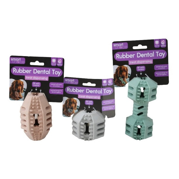 Smart Choice Treat Dispensing Dental Rubber Dog Toy Assorted Colours Pack of 1 SC1805 | Textured Design for Dental Hygiene | Toy for Extra Fun and Stimulation | Suitable for Filling Biscuits-Meat and Snacks | 3 Assorted Designs