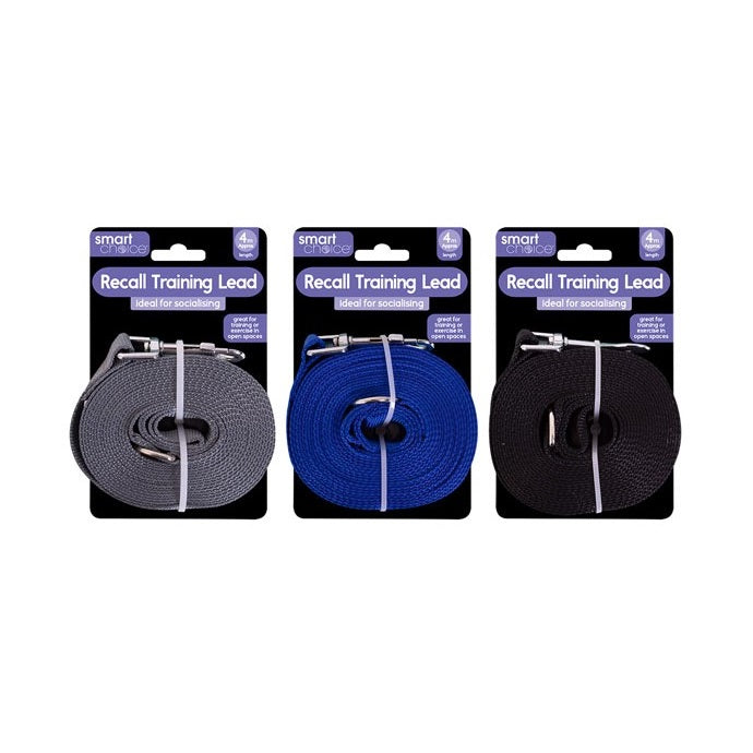 Smart Choice Recall Training Lead for Dogs Assorted Colours 4Mtr Pack of 1 SC1399 | Ideal for Socialising | Outdoor Training and Exercise | Durable and Lightweight | 360 Degree Swivel Hook | Maximise Control During Reall Training