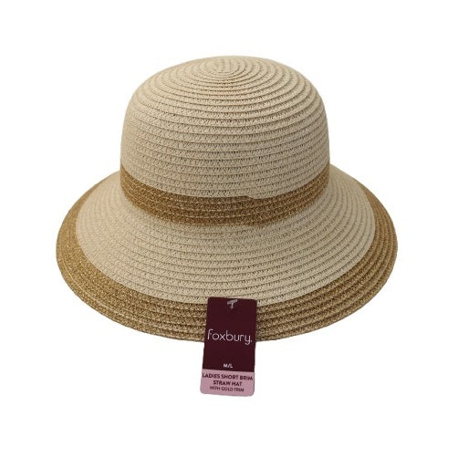 Foxbury Ladies Short Brim Straw Hat Beige Medium-Large GL1112 | Summer Sun Hat with Elegant Gold Trim | Lightweight and Breathable