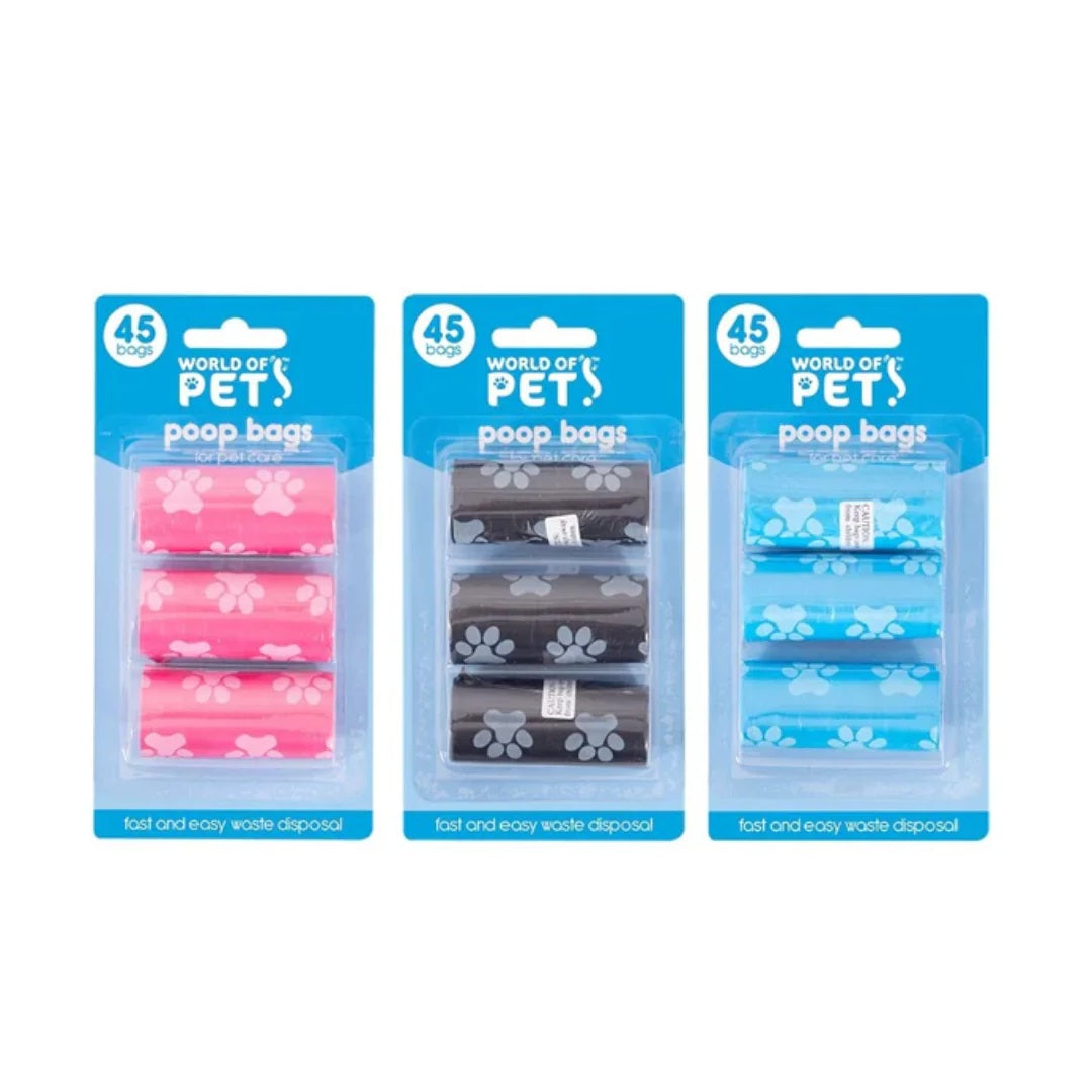 World of Pets Poop Bags for Pet Care Assorted Colours Pack of 45 WP379 | Paw Print Design | Fast and Easy Waste Disposable | Refillable