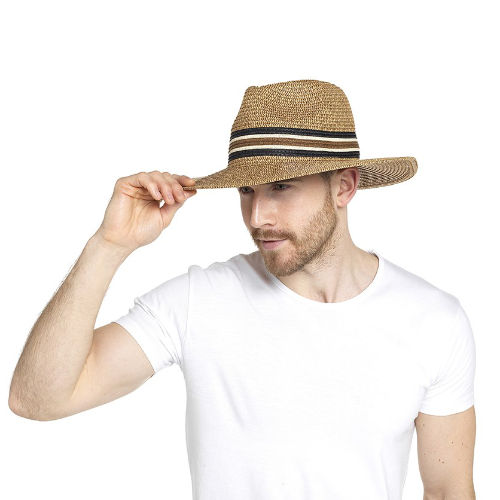 Tom Franks Men Straw Hat Beige Large-XL GL681 | Wide Brim Sun Hat with Striped Band | Lightweight Breathable Summer Fedora