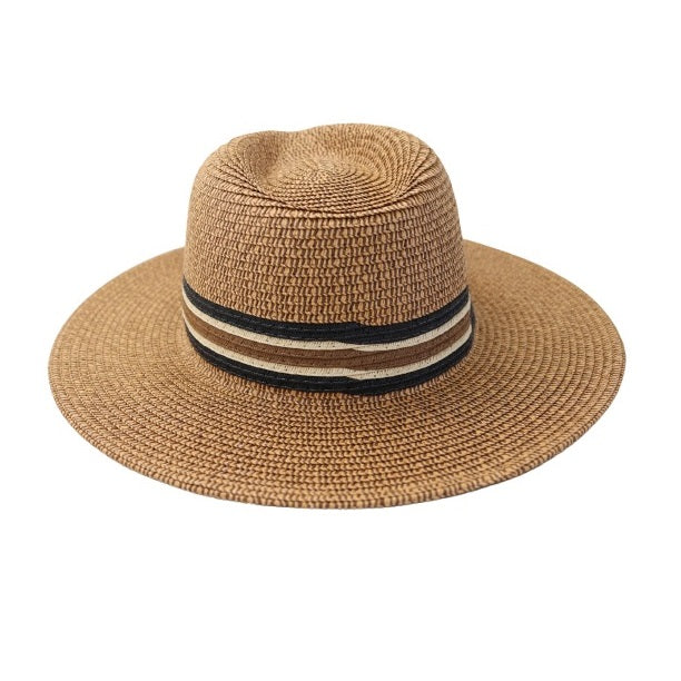 Tom Franks Men Straw Hat Beige Large-XL GL681 | Wide Brim Sun Hat with Striped Band | Lightweight Breathable Summer Fedora