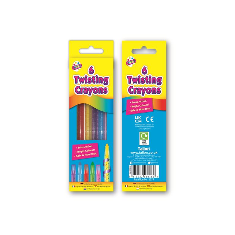 Tallon Artbox Twisting Crayons Assorted Colours Pack of 6 5078 | Twist Action | Bright Colours | Safe and Non Toxic