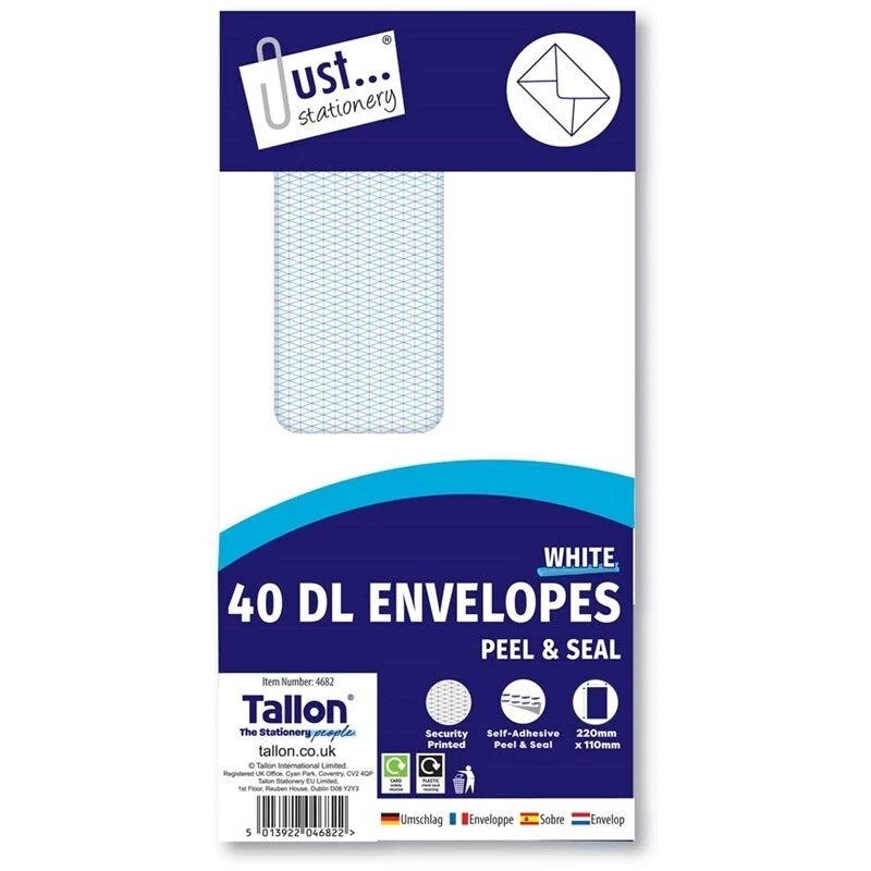 Tallon Just Stationery DL Window Envelopes Peal and Seal White 220mm x 110mm Pack of 40 4682 | 80gsm | Security Printed | Self Adhesive Peal and Seal