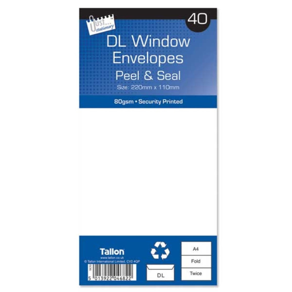 Tallon Just Stationery DL Window Envelopes Peal and Seal White 220mm x 110mm Pack of 40 4682 | 80gsm | Security Printed | Self Adhesive Peal and Seal