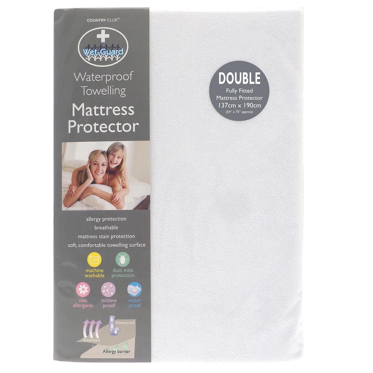 Country Club Double Fully Fitted Mattress Protector White 137cm x 190cm MPD227769 | Allergic Protection | Breathable | Mattress Stain Protection | Soft - Comfortable Towelling Surface | Machine Washable | Dust Mite Protection | Mildew Proof | Waterproof