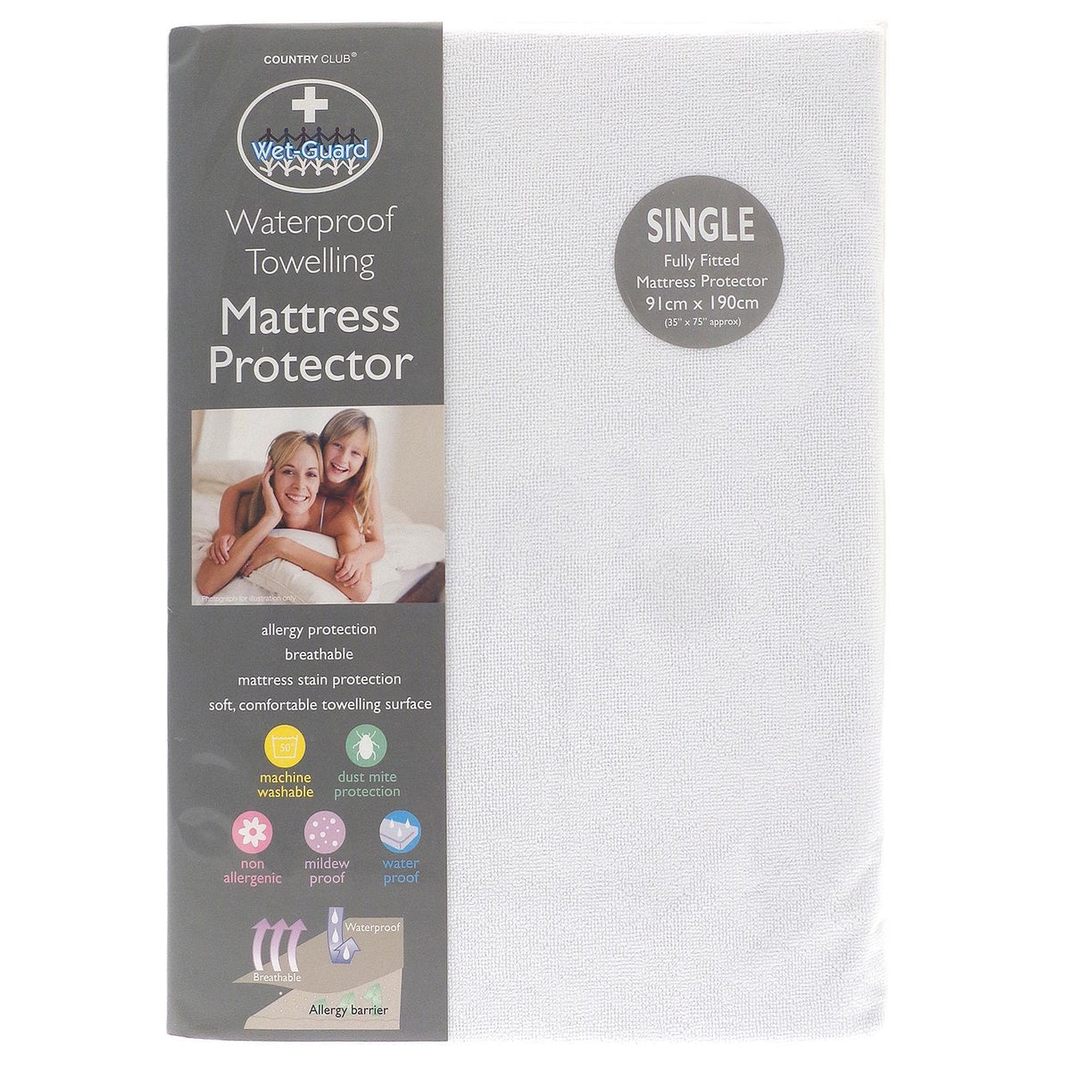 Country Club Single Fully Fitted Mattress Protector White 91cm x 190cm MPS227745 | Allergic Protection | Breathable | Mattress Stain Protection | Soft - Comfortable Towelling Surface | Machine Washable | Dust Mite Protection | Mildew Proof | Waterproof