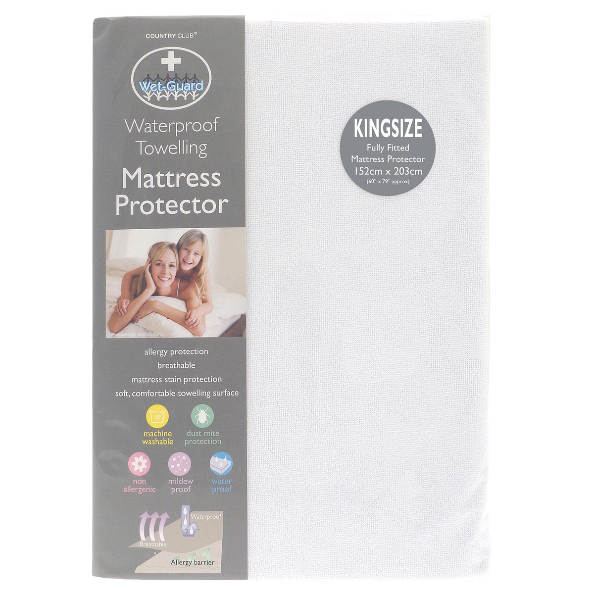 Country Club Fully Fitted Mattress Protector White Kingsize 152cm x 203cm MPK227783 | Allergic Protection | Breathable | Mattress Stain Protection | Soft - Comfortable Towelling Surface | Machine Washable | Dust Mite Protection | Mildew Proof | Waterproof