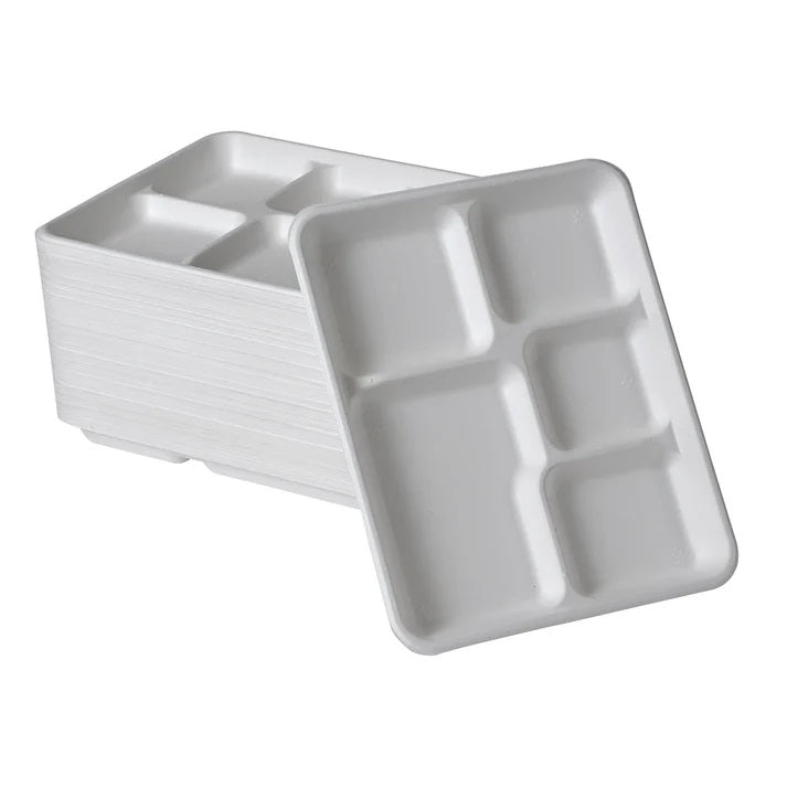 Dura Bagasse 5 Compartment Tray White 260mm x 210mm x 25mm Pack of 25 DA018 | Durable Leak and Cut Resistant | 100 Percent Compostable | Microwave and Freezer Safe | Premium Strength