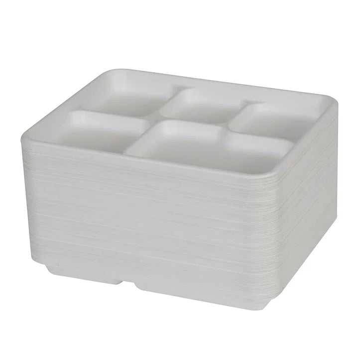 Dura Bagasse 5 Compartment Tray White 260mm x 210mm x 25mm Pack of 25 DA018 | Durable Leak and Cut Resistant | 100 Percent Compostable | Microwave and Freezer Safe | Premium Strength