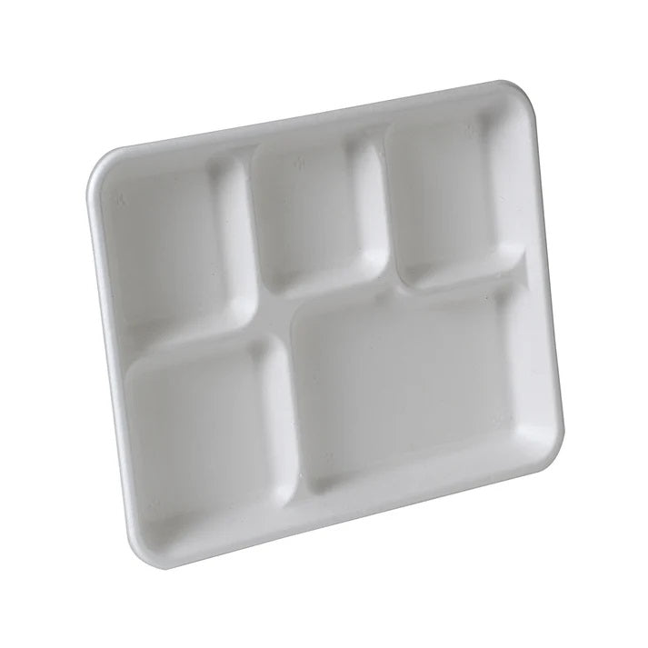 Dura Bagasse 5 Compartment Tray White 260mm x 210mm x 25mm Pack of 25 DA018 | Durable Leak and Cut Resistant | 100 Percent Compostable | Microwave and Freezer Safe | Premium Strength