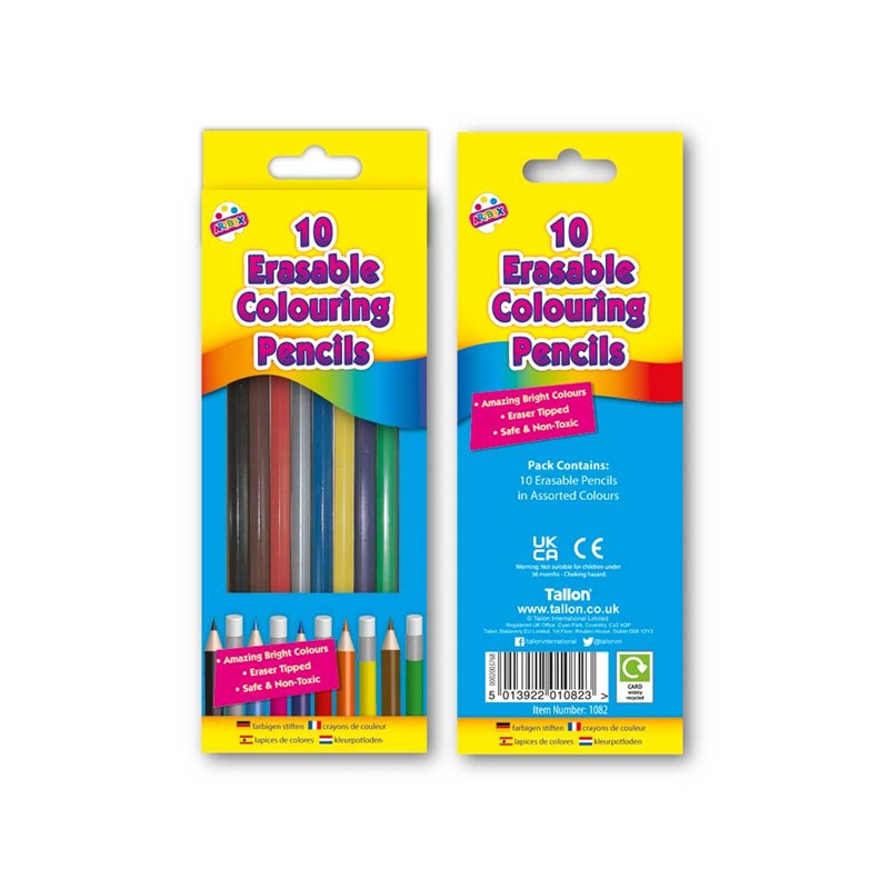 Tallon Artbox Erasable Colouring Pencils Assorted Colours Pack of 10 1082 | Amazing Bright Colours | Eraser Tipped | Safe and Non Toxic