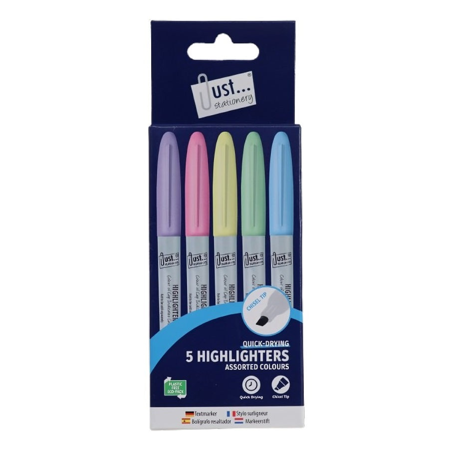 Tallon Just Stationery Pastel Chisel Tip Highlighters Assorted Colours Pack of 5 4079 | Quick Drying