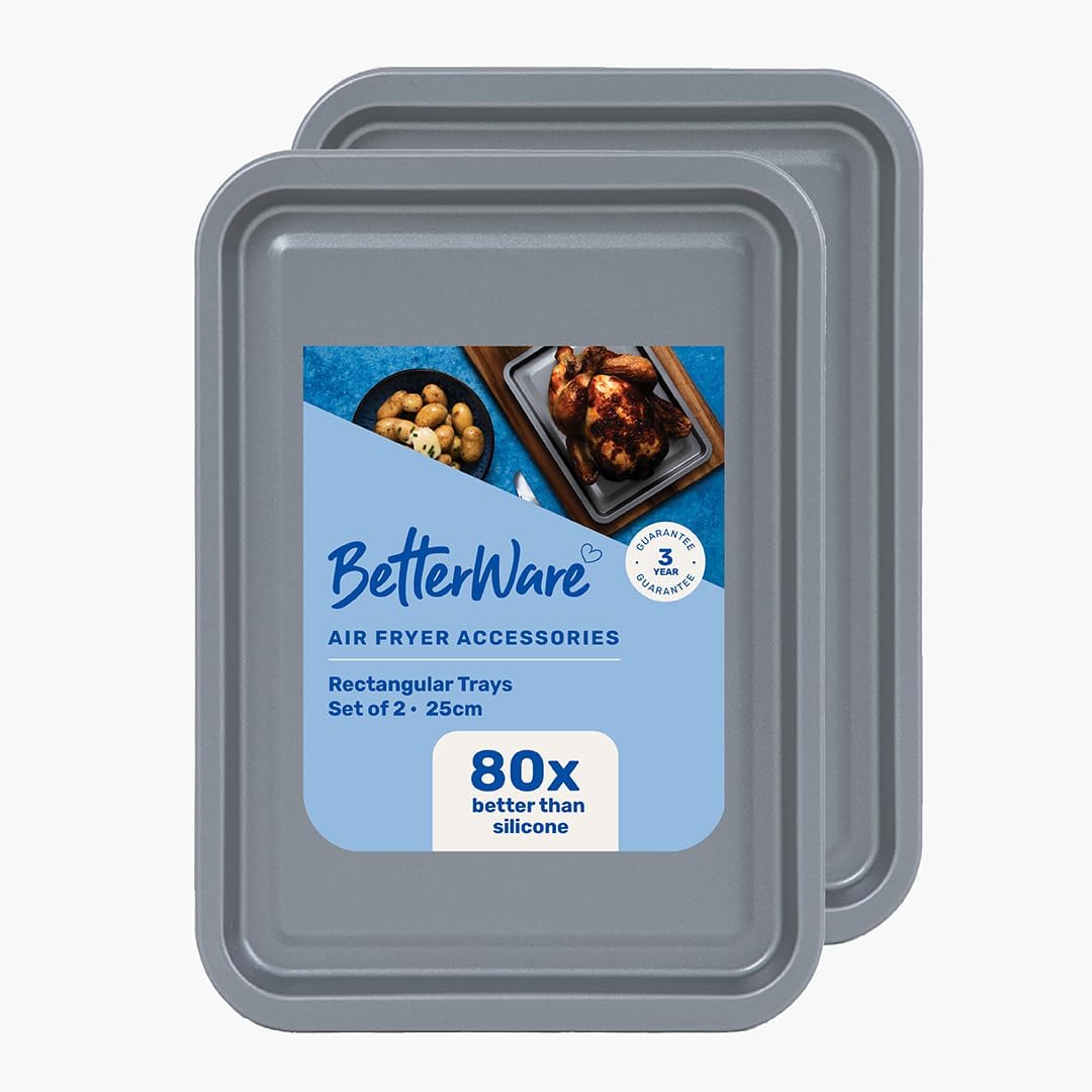 Betterware Air Fryer Accessories Rectangular Trays Grey 25cm x 18.5cm Set of 2 71080 | High Performance | Non-Stick | Dishwasher Safe