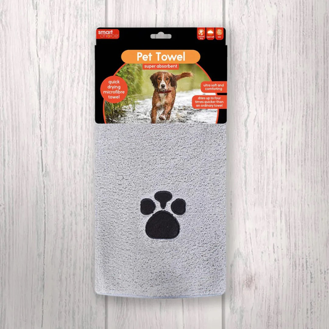 Smart Choice Quick Drying Microfibre Pet Towel Assorted Colours 100cm x 50cm Pack of 1 SC1578 | For Dogs and Cats | Embroidered Paw Design | Ultra Soft and Comforting
