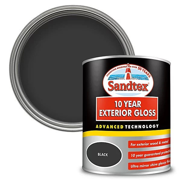 Sandtex Exterior Advance Technology Multi-Surface Gloss Paint Black 750ml 5101321 | Dedicated Exterior Specialist | Quick Drying | Mould Resistant | Flexible to Resist Cracking and Flaking