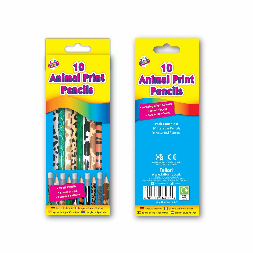 Tallon Artbox Animal Print HB Pencils Assorted Pack of 10 6367 | Eraser Tipped