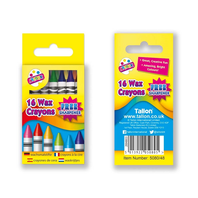 Tallon Artbox Wax Crayons in Hanging Box Assorted Colours Pack of 16 5080-48 | Great Creative Fun | Amazing Bright Colours | Free Sharpener