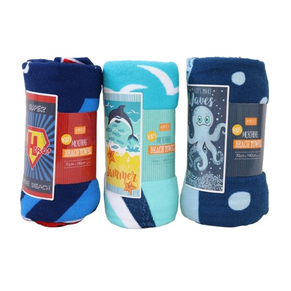 Alfresco Kids Microfibre Beach Towels Assoted Colours 70cm x 140cm Pack of 1 BPV227523 | Superhero-Dolphin and Octopus Designs | Soft-Lightweight and Quick-Drying | Perfect for Swimming-Holidays and Pool Days