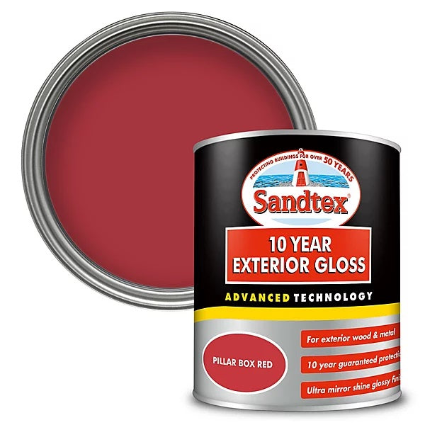 Sandtex Exterior Advance Technology Multi-Surface Gloss Paint Pillar Box Red 750ml 5101325 | Dedicated Exterior Specialist | Quick Drying | Mould Resistant | Flexible to Resist Cracking and Flaking