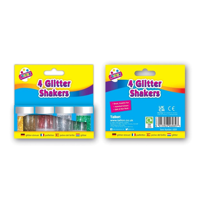 Tallon Artbox Glitter Shakers Assorted Colours Pack of 4 6089 | Great Creative Fun | Safe and Non Toxic