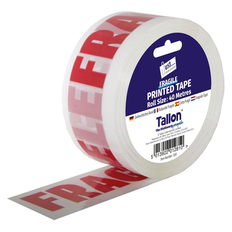 Tallon Just Stationery Fragile Printed Tape Red and White 40Mtr 1281