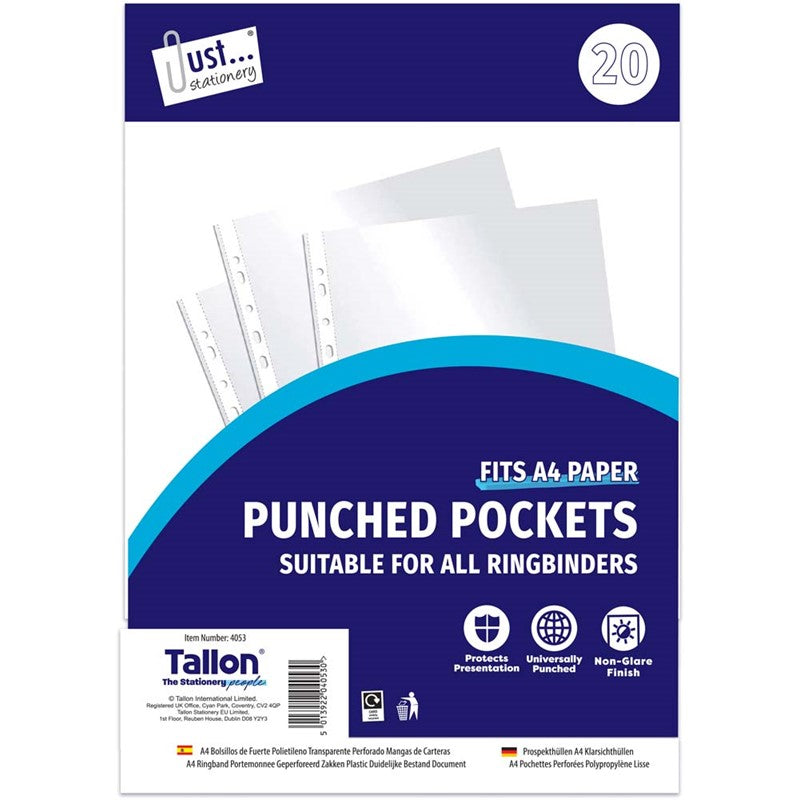 Tallon Just Stationery A4 Plastic Punched Pockets Clear Pack of 20 4053 | Suitable for all Ringbinders