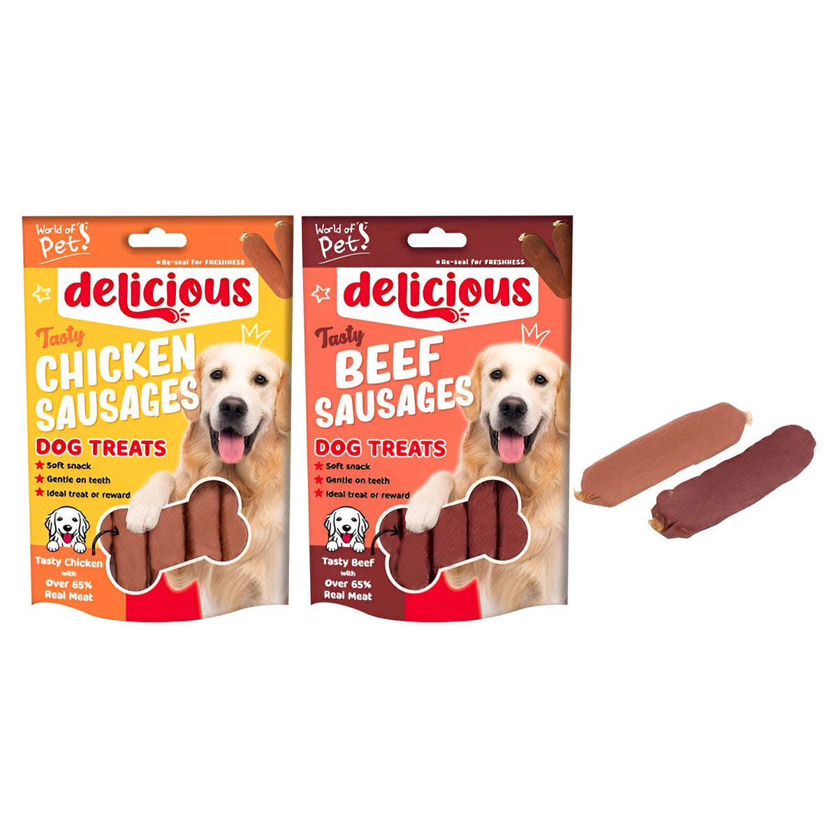 World of Pets Meaty Sausages Dog Treats Assorted 65g Pack of 7 WP273 | Delicious | Soft Snack | Gentle on Teeth | Ideal Treat or Reward | Over 65% Real Meat