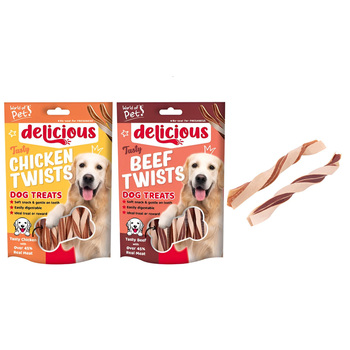 World of Pets Meaty Twists Dog Treats Assorted 65g Pack of 10 WP271 | Delicious | Soft Snack | Gentle on Teeth | Ideal Treat or Reward | Over 65% Real Meat