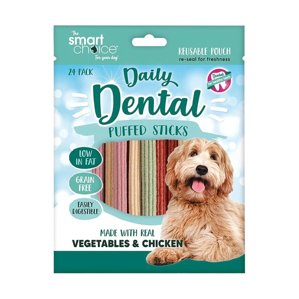 Smart Choice Daily Dental Puffed Sticks for Dogs Brown Pack of 24 72g SC1572 | With Added Vitamins and Minerals | Ideal Treat | Resealable Pouch | Made with Real Vegetables and Chicken | No Artificial Colourants | Low Fat | Grain Free | Contains Calcium | Helps to Maintain Healthy Coat and Joints | Promotes Dental Hygiene
