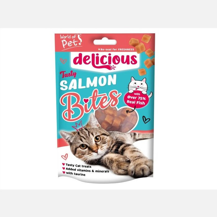 World of Pet Tasty Salmon Bites for Cats Brown 0.7cm x 0.7cm Pack of 12 80g WP1158 | Over 75 Percent Real Fish | Enriched with Vitamins-Minerals and Taurine | Resealable Pack