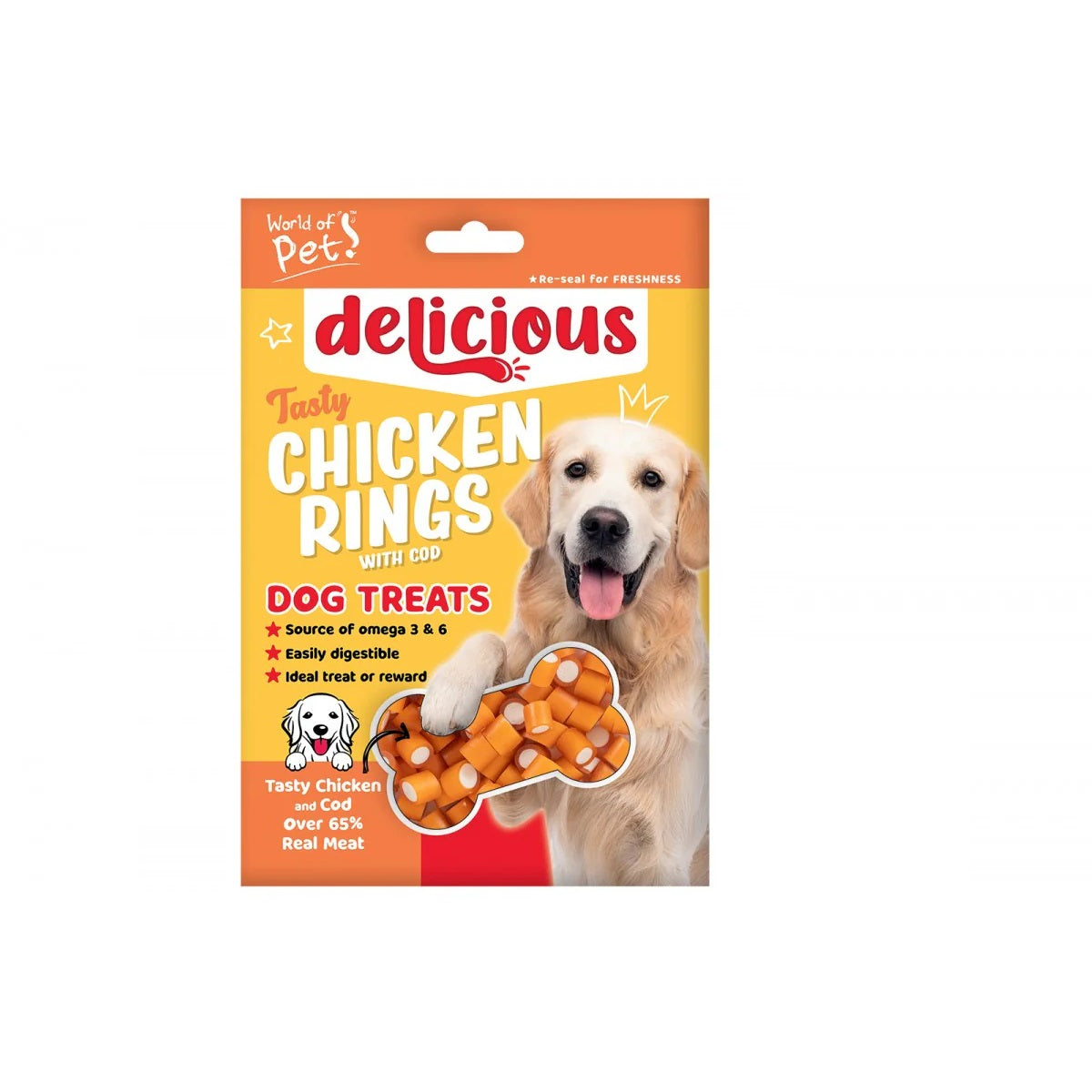World of Pets Delicious Chicken Rings with COD for Dogs Orange and White 100g WP1448 | Easily Digestible | Ideal Treat or Reward | Omega 3 and 6 | Resealable Pouch | Over 65 Percent Real Meat
