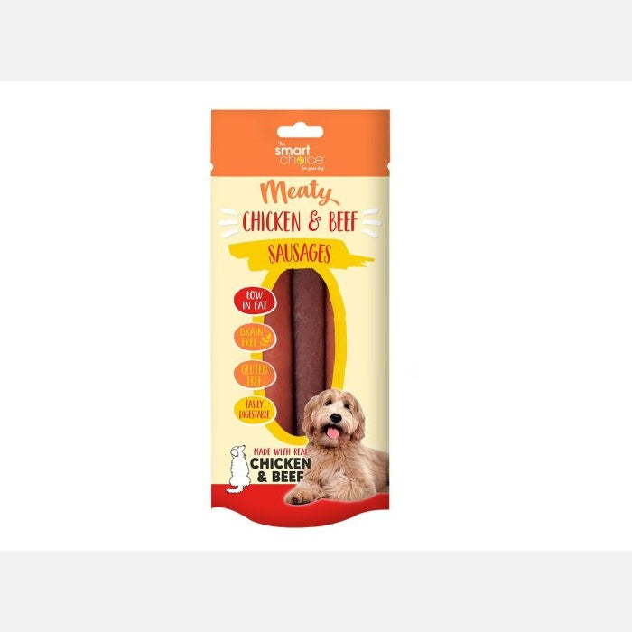 Smart Choice Meaty Chicken and Beef Sausages for Dogs Brown Pack of 4 148g SC1723 | Ideal Treat | Resealable Pouch | Made with Real Chicken and Beef | No Artificial Colourants | Low Fat | Grain and Gluten Free | Easily Digestable