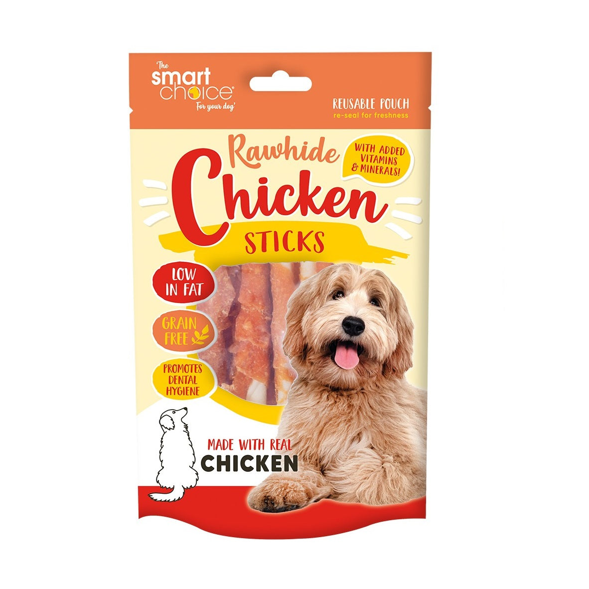 Smart Choice Rawhide Chicken Sticks for Dogs Brown Pack of 10 79g SC1480 | With Added Vitamins and Minerals | Ideal Treat or Reward | Resealable Pouch | Made with Real Chicken | Promotes Dental Hygiene | No Artificial Colourants | Low Fat | Grain Free