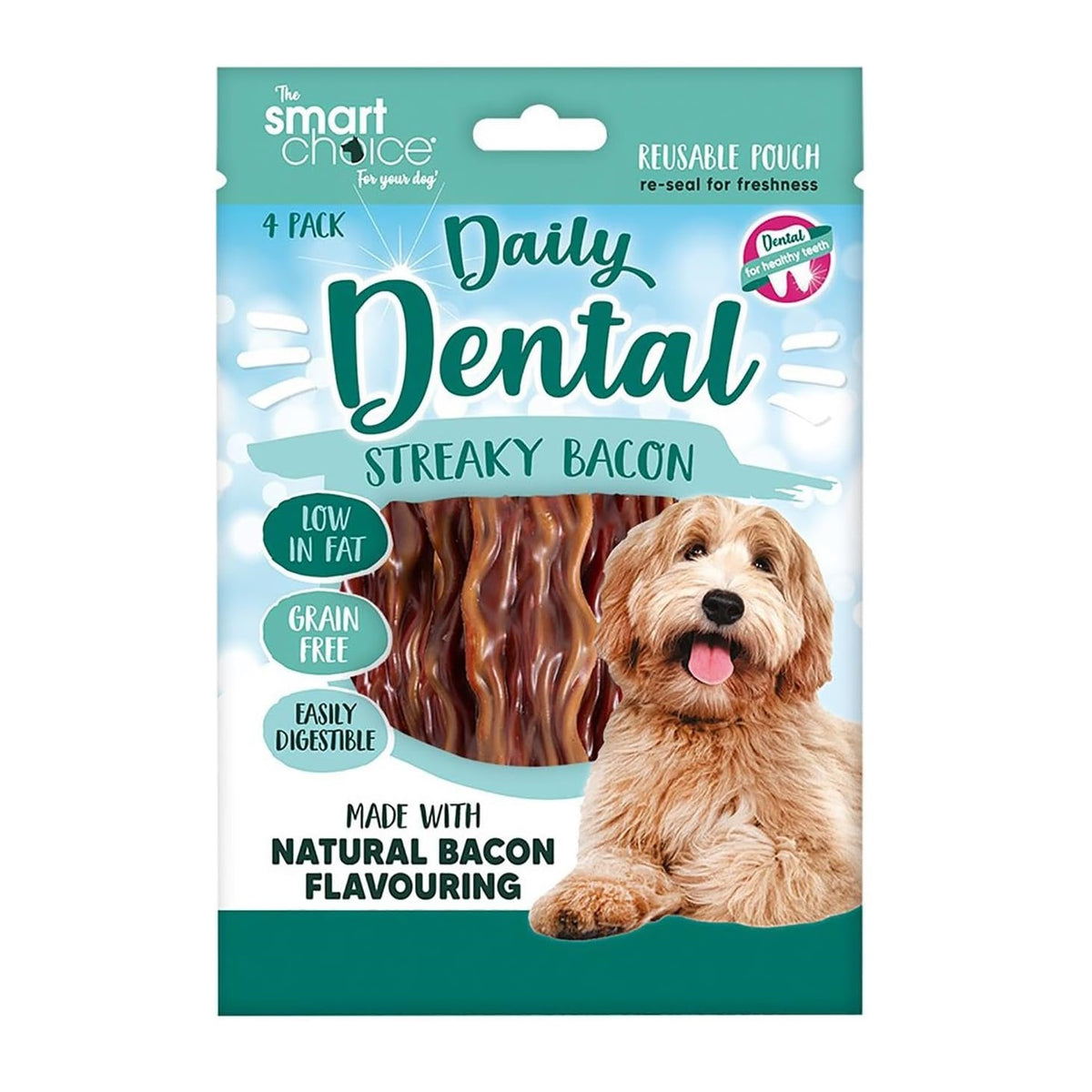 Smart Choice Daily Dental Streaky Bacon for Dogs Brown 11cm x 3cm Pack of 4 92g SC1574 | With Natural Bacon Flavouring | Resealable Pouch | No Artificial Colourants | Low Fat | Grain Free | Contains Calcium | Helps to Maintain Healthy Coat and Joints | Promotes Dental Hygiene | Easily Digestible | Gluten Free