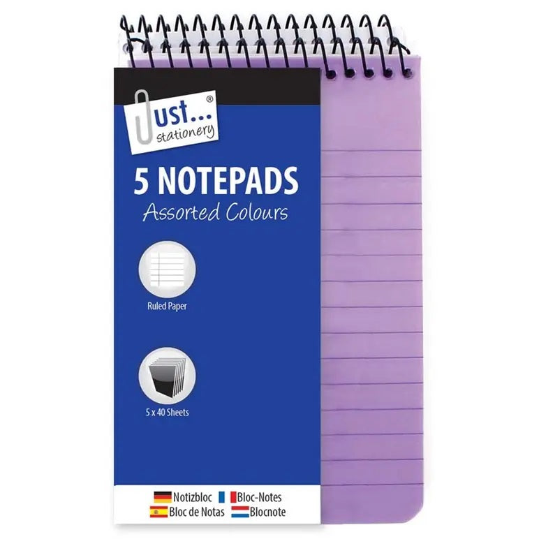 Tallon Just Stationery Neon PP Cover Notepads Assorted Colours Pack of 5 6618 | Ruled Paper