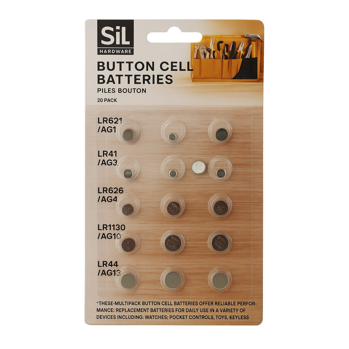 SIL Hardware Button Cell Batteries Assorted Pack of 20 HH4000C | Reliable Performance | For Daily Use in a Variety of Devices Including Watches - Pocket Calculators - Remote Car Keys - Toys - Remote Controls Etc