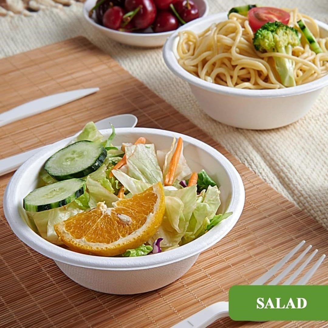 Dura Kitchen Accessories Bagasse Bowl White 350ml Pack of 15 DA010 | Durable | Leak and Cut Resistant | 100 Percent Compostable and Biodegradable | Microwave and Freezer Safe | Premium Strength